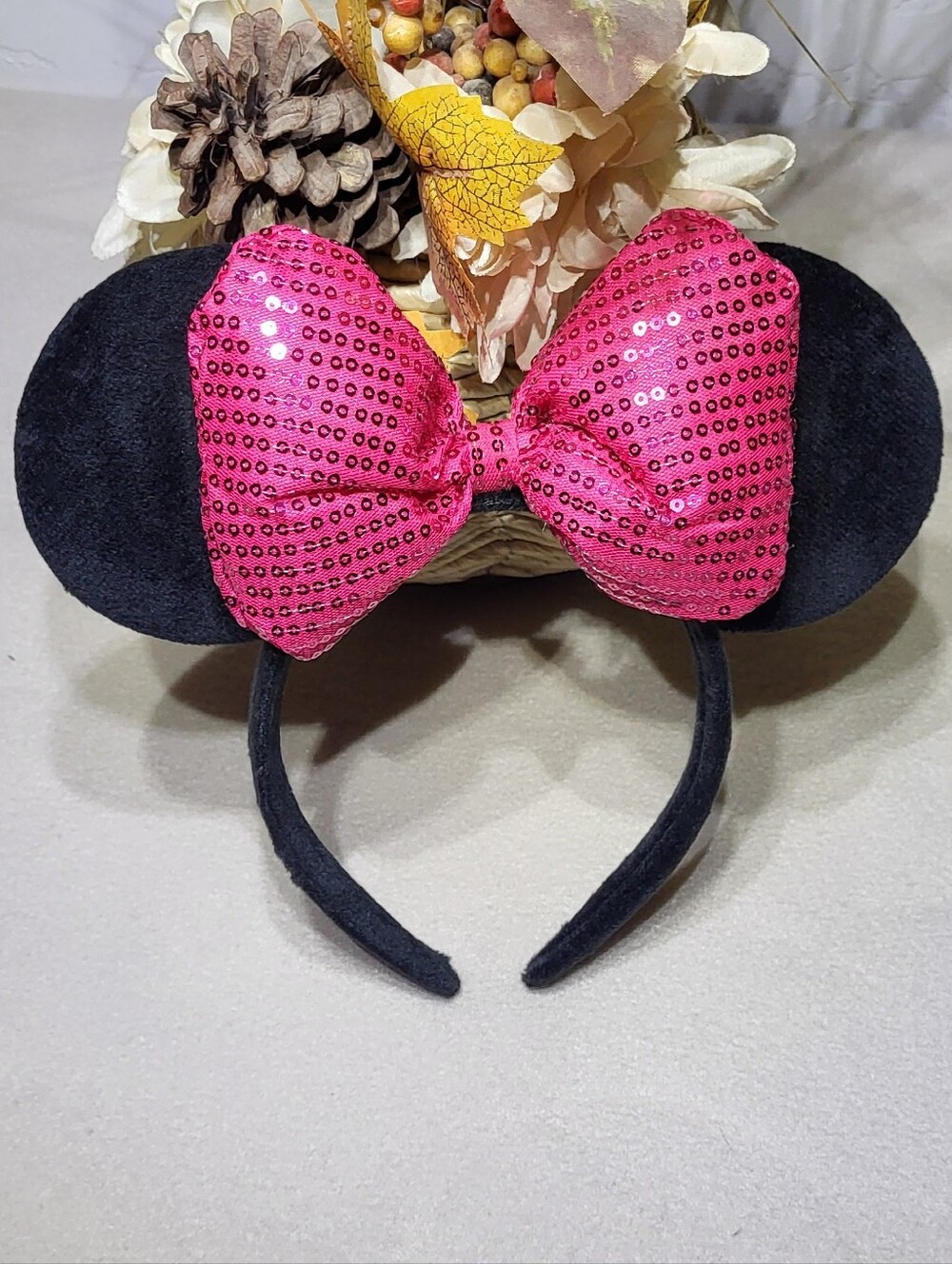 Disney Inspired NWOT Black & Pink Velour Sequins Minnie Mouse Ears- Headband - Picture 2 of 4